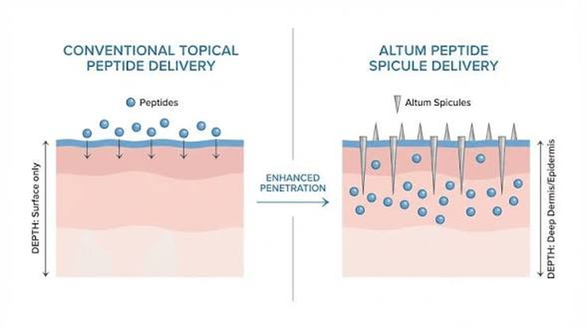 Diagram comparing conventional surface-only topical peptide delivery with deeper Altum Peptide spicule delivery